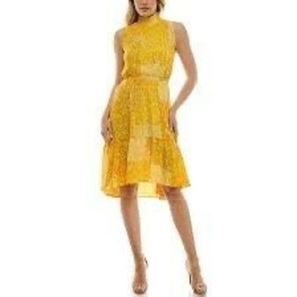 Nanette Lepore 4 High Neck Blouson Swing Dress Yellow Patchwork Paisley Floral - Picture 3 of 16